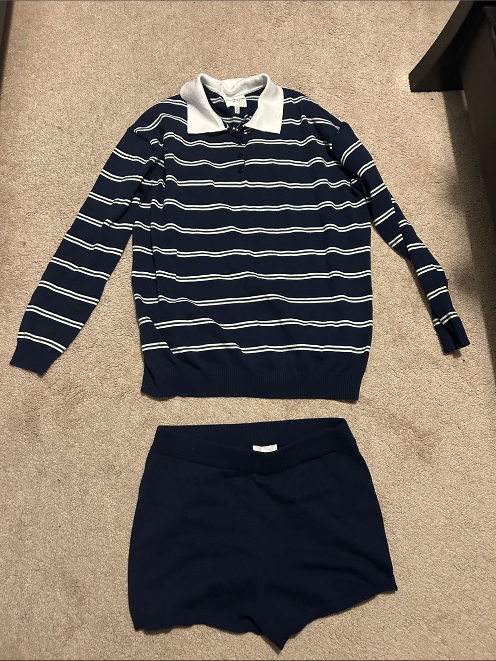 Navy Striped Polo Sweater and Shorts Set - White Collar